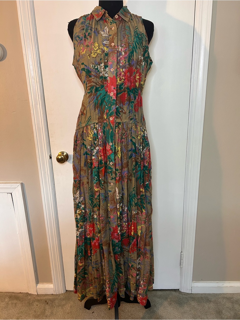 TOGETHER! VINTAGE BUTTON UP MAXI DRESS W/ BOTANICAL FLORAL PRINT SIZE 10